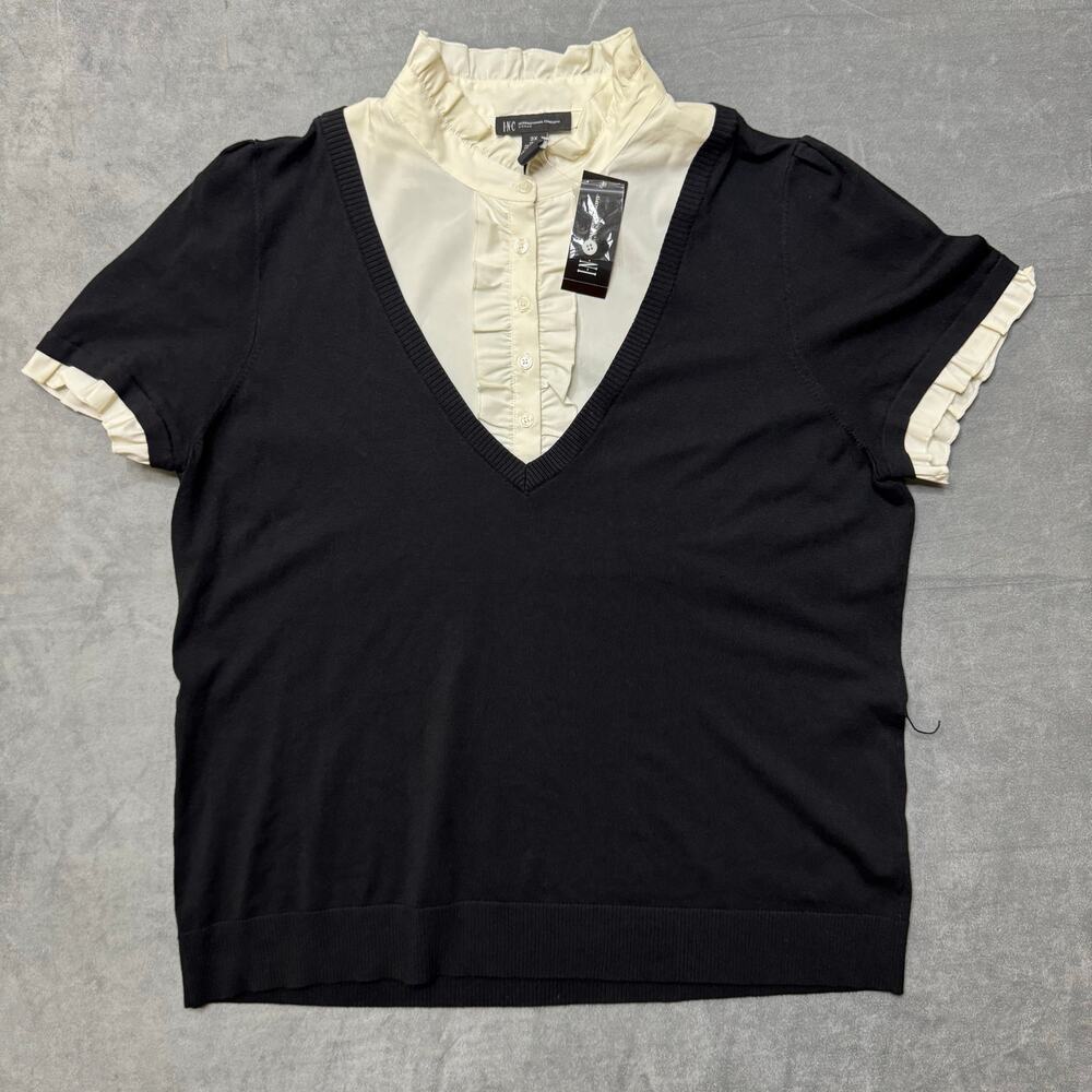 Women’s Black Knit Sweater Blouse with White Ruffle Collar